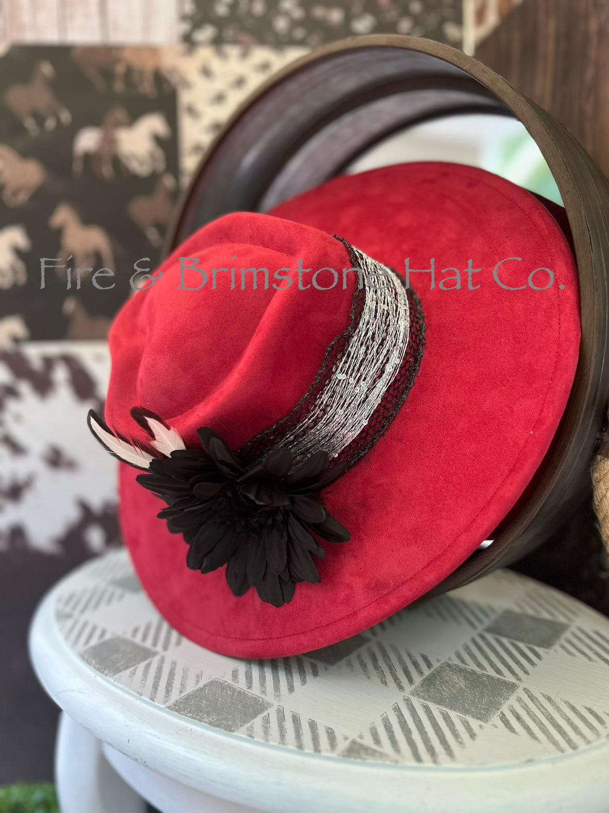 Western Rancher Hat - Embellishments - Black Floral (Heart) in Rosebud Red