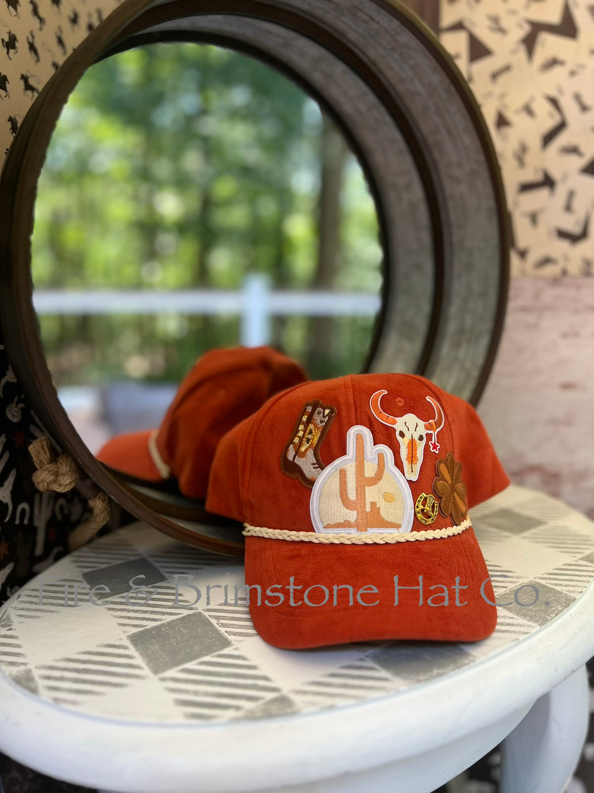 Western/Beach Caps - Boot & Cactus in Orange Vegan Suede