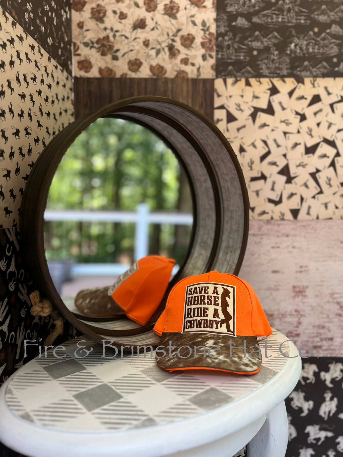 Western/Beach Caps - Save a Horse w/Real Cowhide Brim in Neon Orange