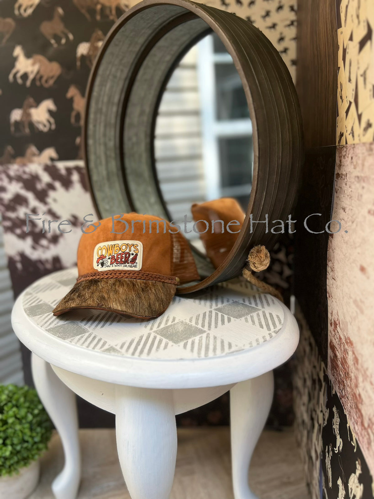 Western/Beach Caps - Cowboys & Beer in Rust Vegan Suede w/Cowhide Brim
