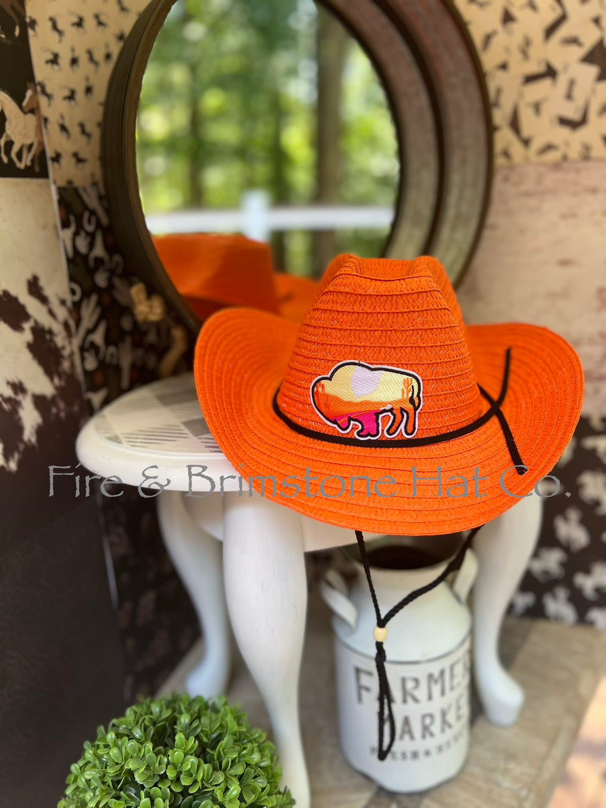 Colored Straw Hat with Bison Patch in Jack O' Lantern
