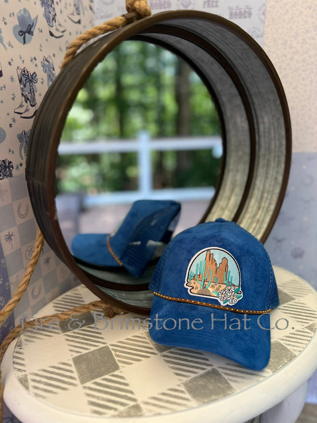 Western/Beach Caps - Cactus Flower in Blue Fin Vegan Suede