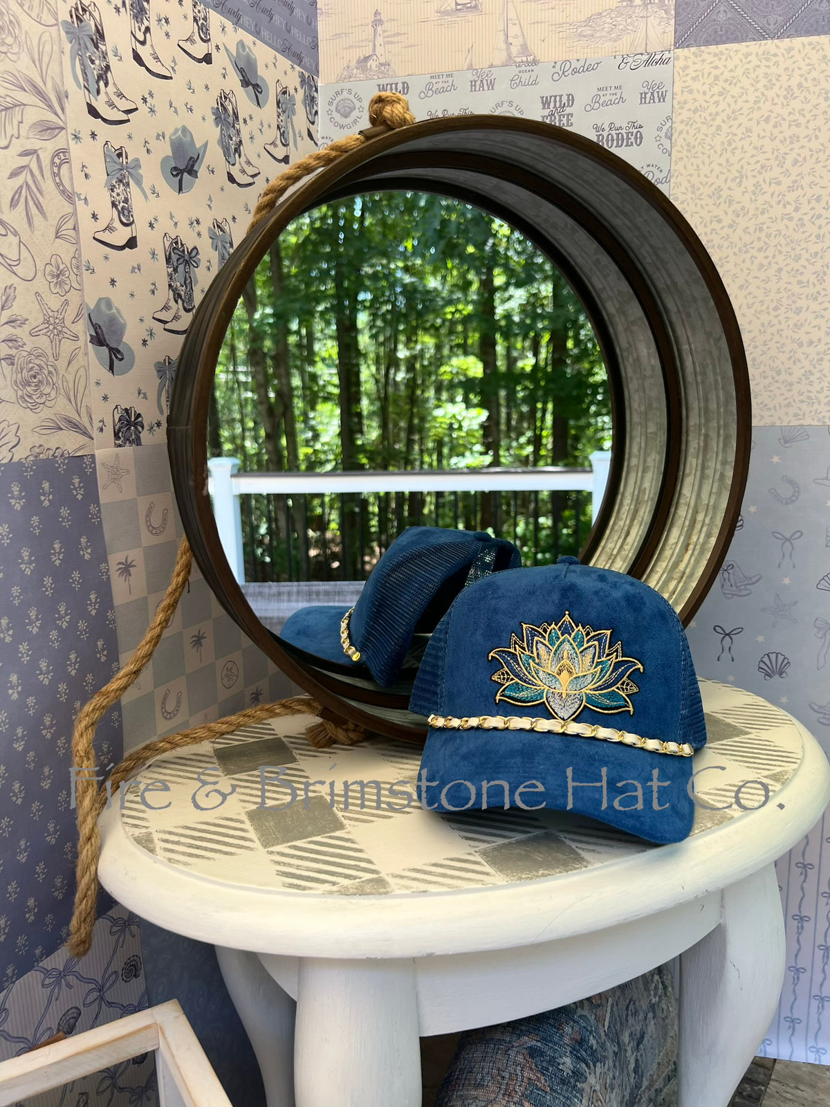 Western/Beach Caps - Lotus Flower in Blue Fin Vegan Suede