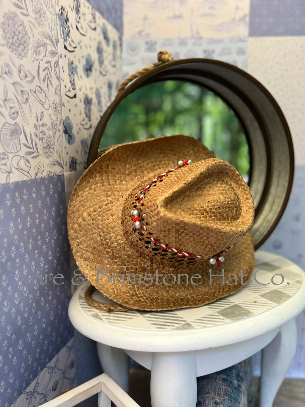 Natural Straw Hat with Red, White & Gray Braiding w/ Rhinestones