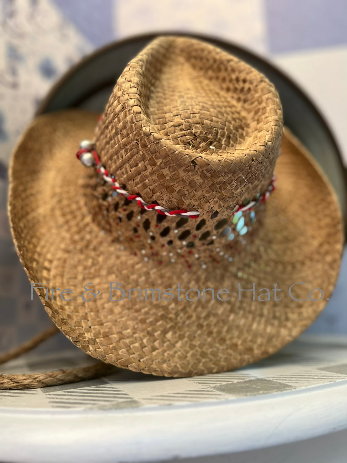 Natural Straw Hat with Red, White & Gray Braiding w/ Rhinestones