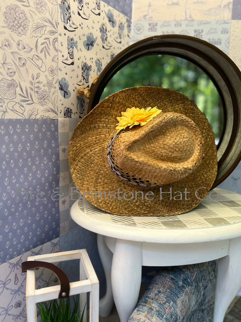 Natural Straw Hat with Black, White & Yellow Ribbon w/ Yellow Daisy Floral