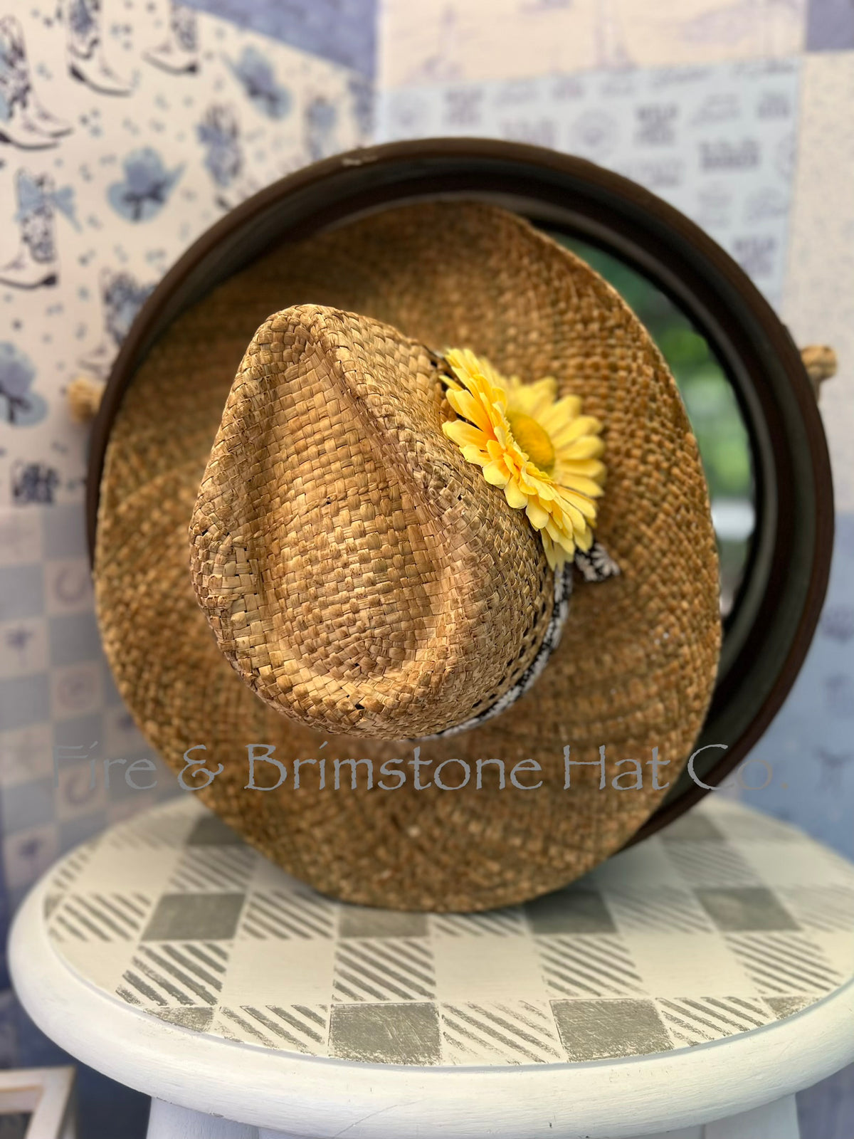 Natural Straw Hat with Black, White & Yellow Ribbon w/ Yellow Daisy Floral