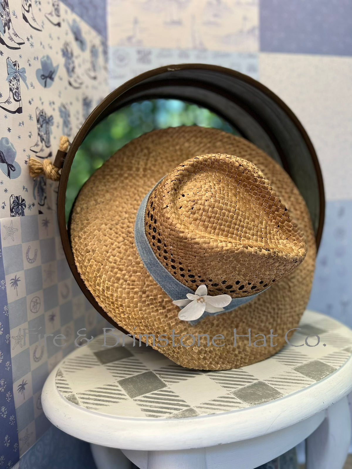 Natural Straw Hat with Blue Burlap Ribbon and White Enamel Flower