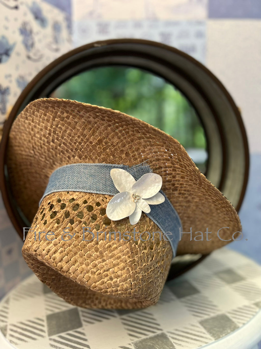 Natural Straw Hat with Blue Burlap Ribbon and White Enamel Flower