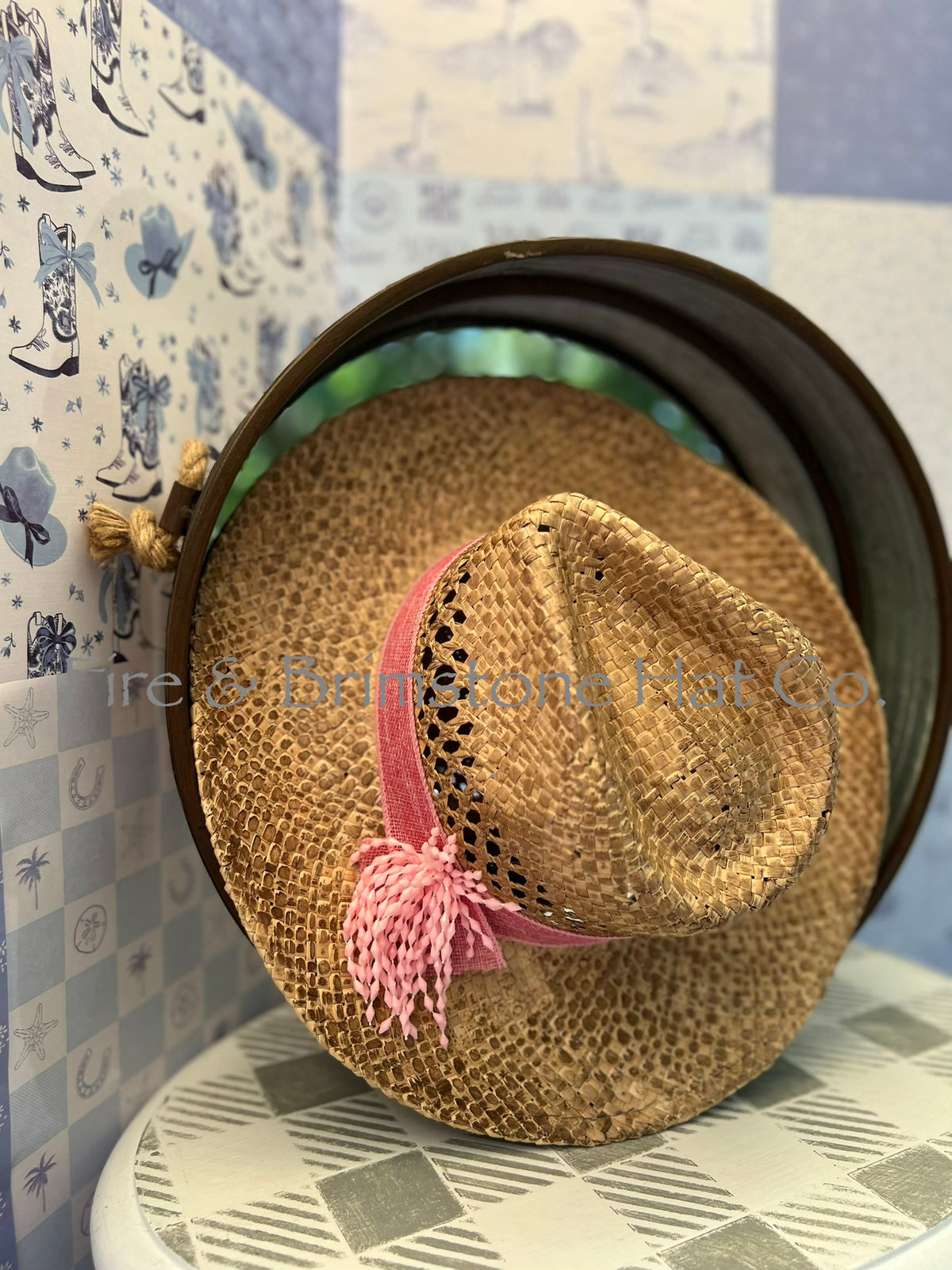 Natural Straw Hat with Pink Burlap Ribbon and Pink Spray