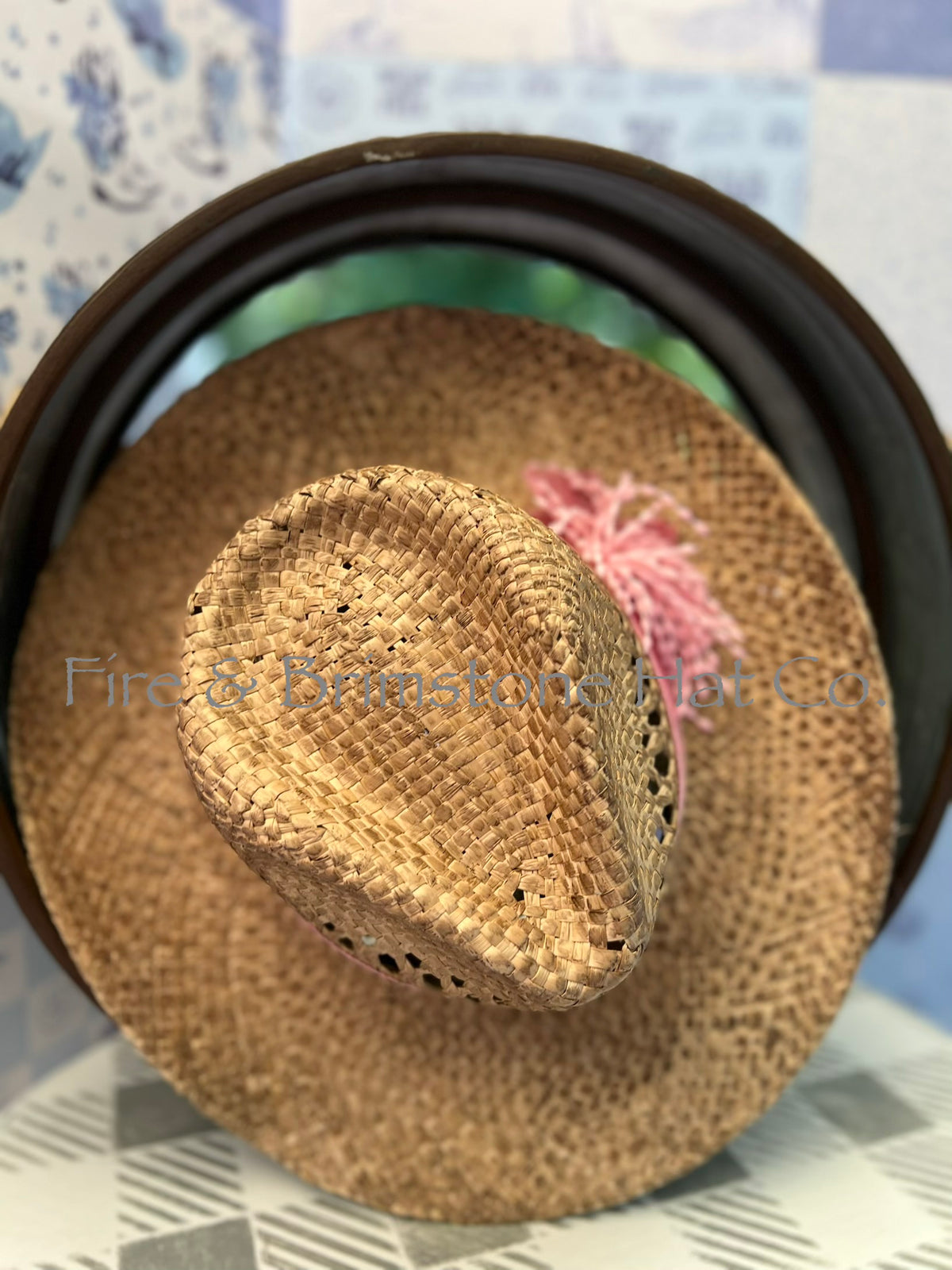 Natural Straw Hat with Pink Burlap Ribbon and Pink Spray