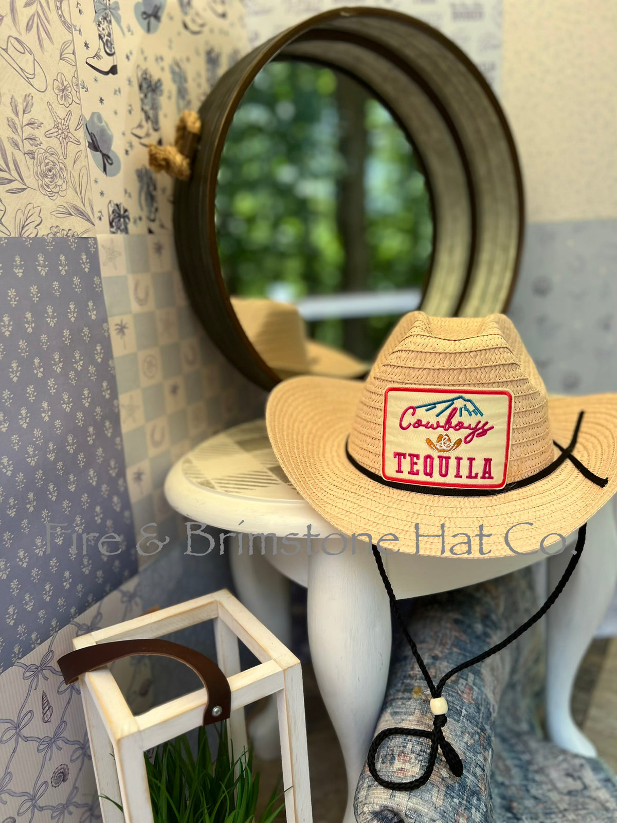 Colored Straw Hat with Cowboys & Tequila Patch in Shell Pink