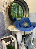 Colored Straw Hat with Lotus Flower Patch in Blue Fin