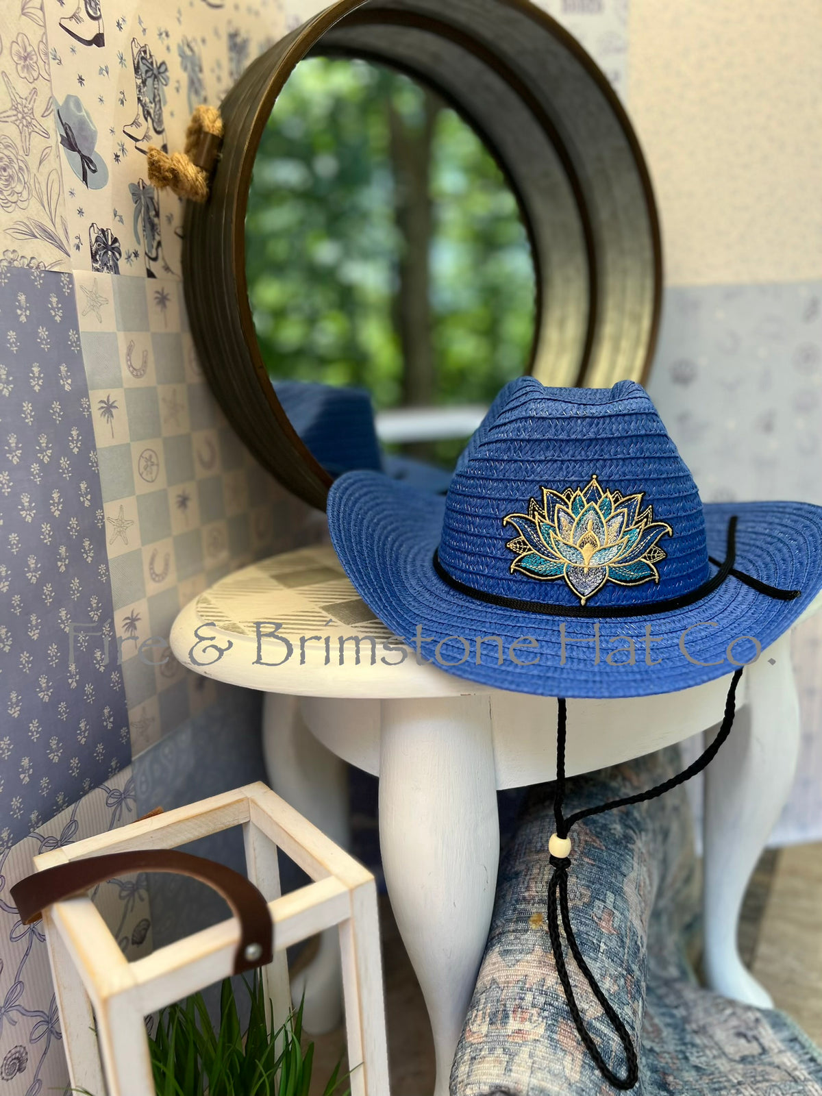 Colored Straw Hat with Lotus Flower Patch in Blue Fin