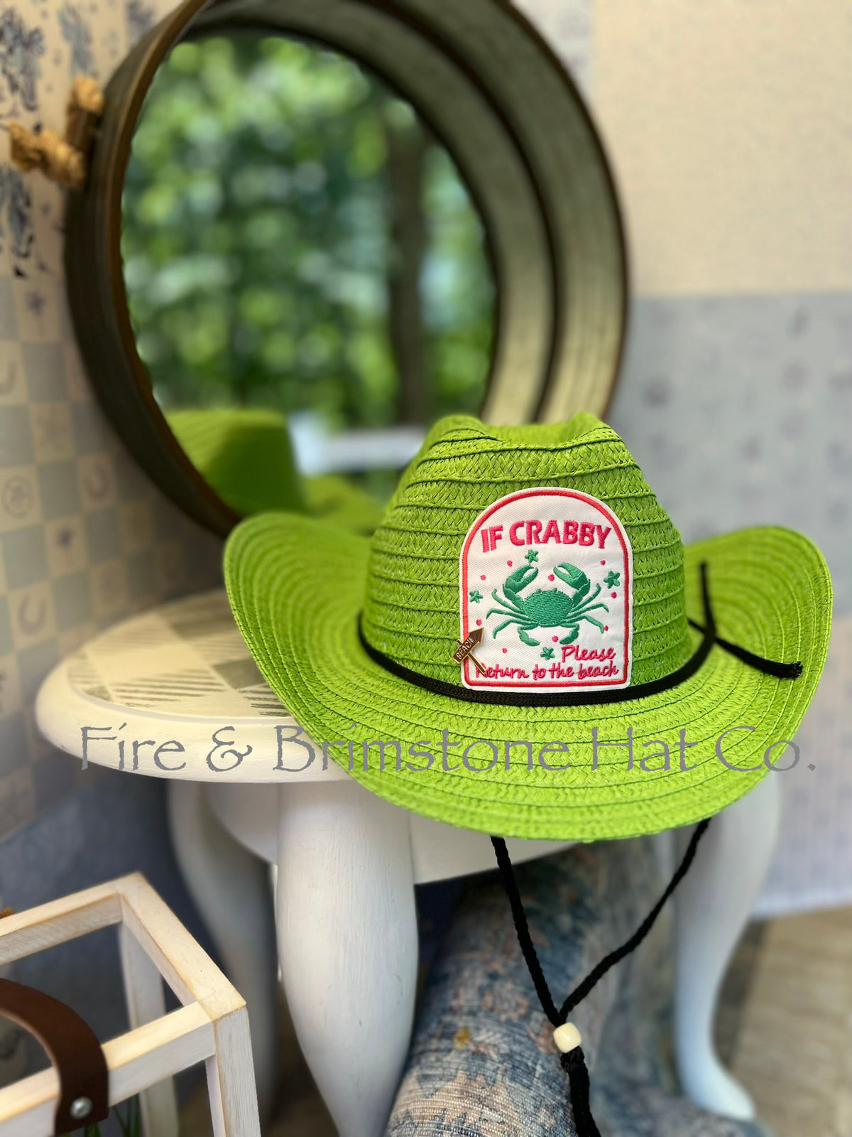 Colored Straw Hat with Crabby Patch in Lime