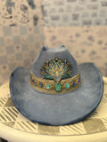 Western Rancher Hat - Embellishments - Floral Patch with Jeweled Band in Lake Blue
