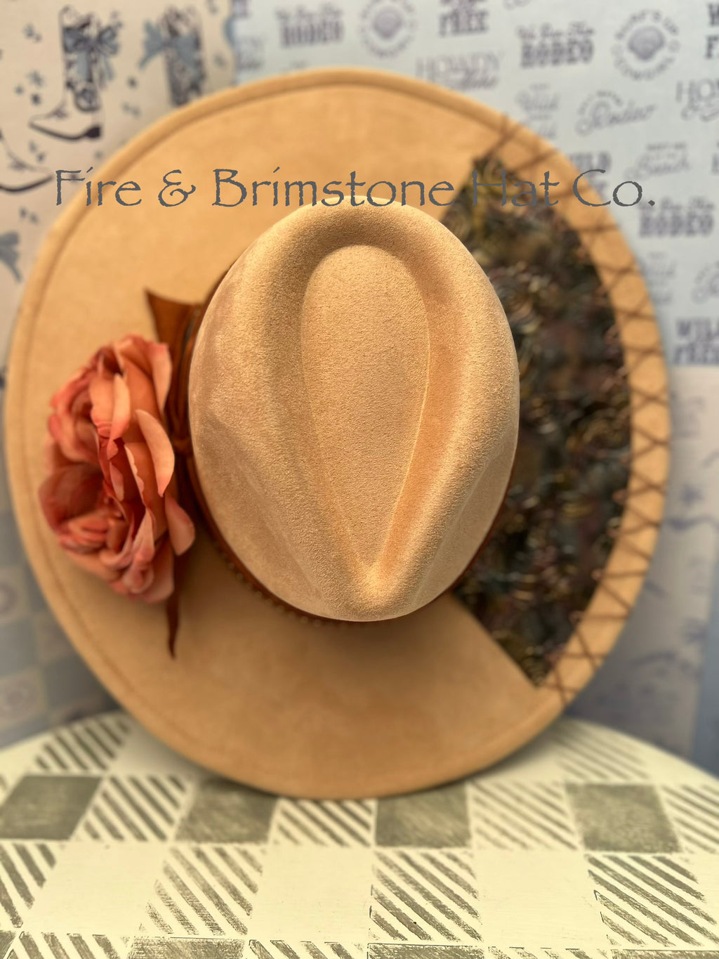 Western Rancher Hat - Embellishments - Floral/Faux Leather in Iced Peach