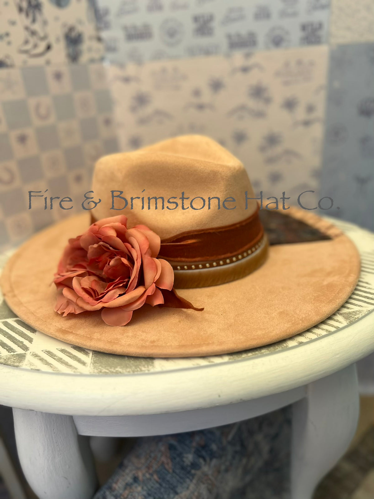 Western Rancher Hat - Embellishments - Floral/Faux Leather in Iced Peach