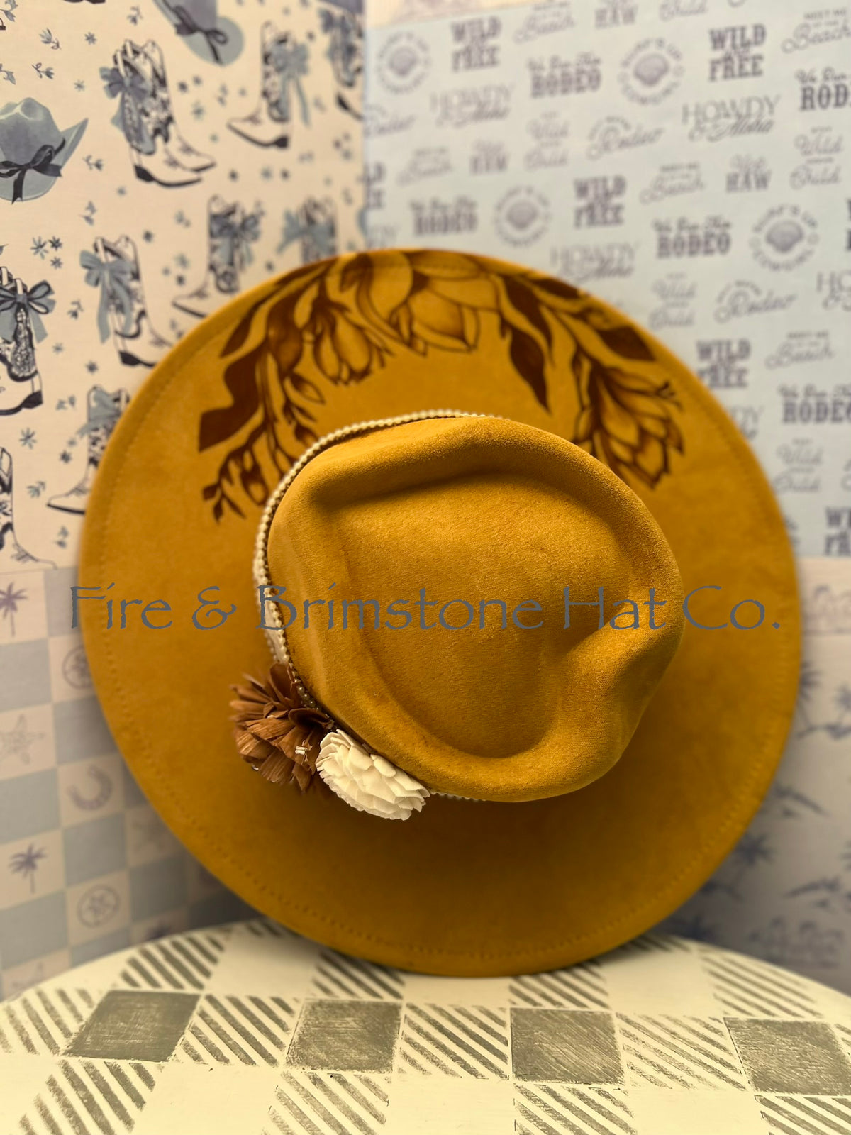 Western Rancher Hat - Laser & Embellishments - Floral (Heart) in Col. Mustard