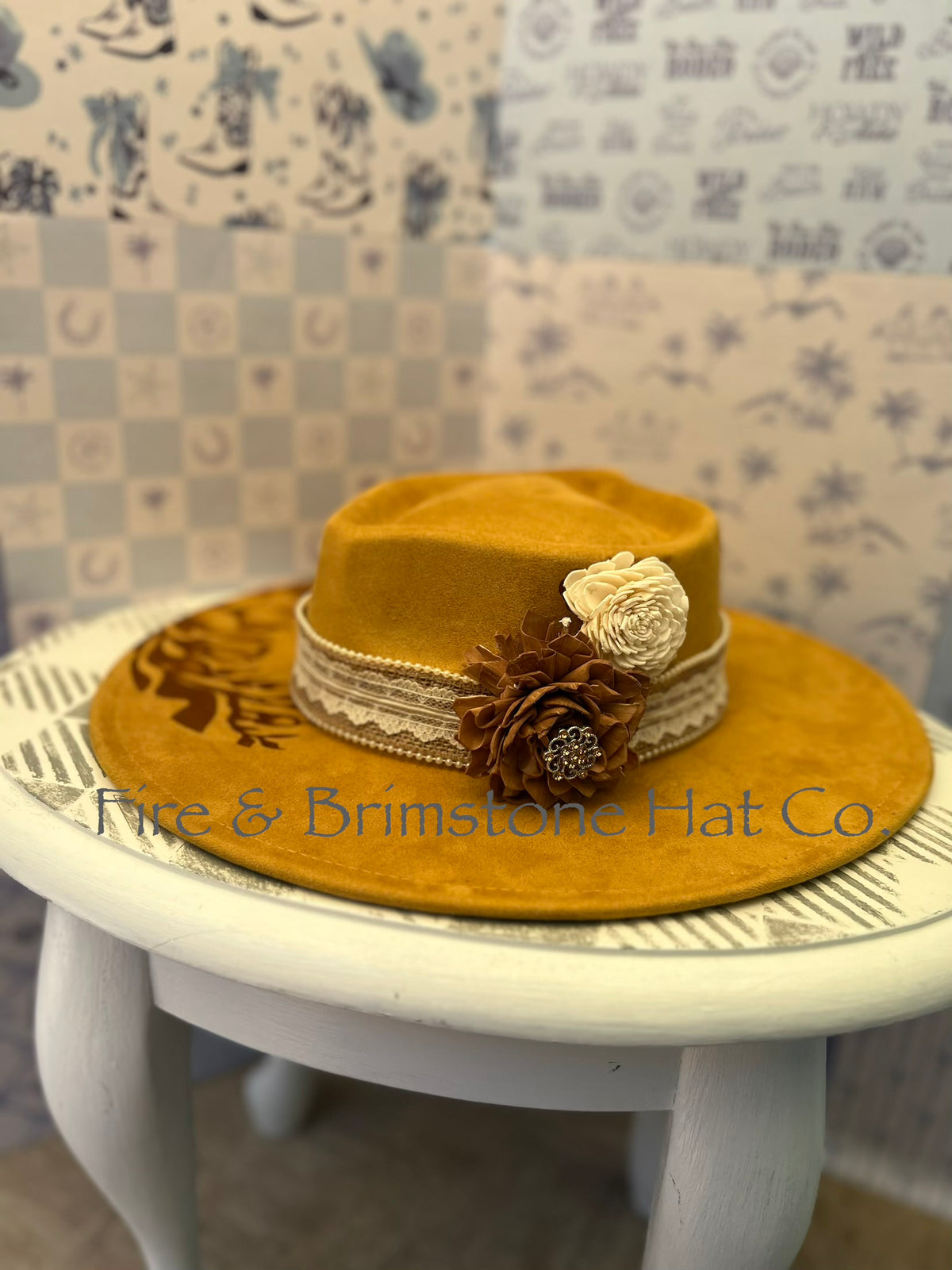Western Rancher Hat - Laser & Embellishments - Floral (Heart) in Col. Mustard
