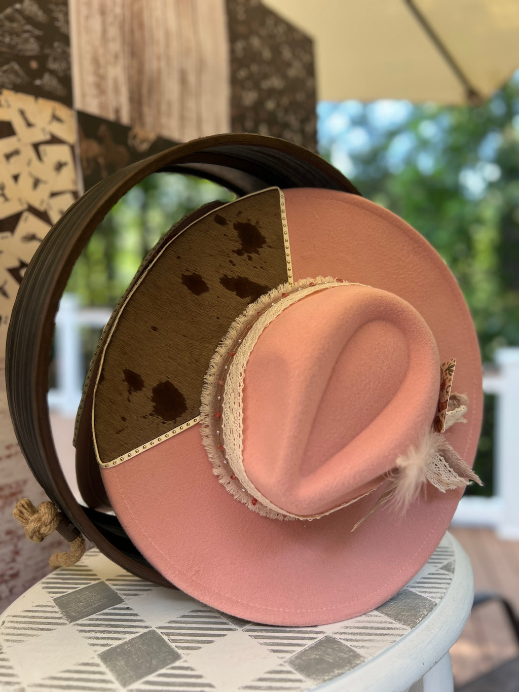 Western Rancher Hat - Laser & Embellishments - Sunflower Under the Brim in Pink Macaroon